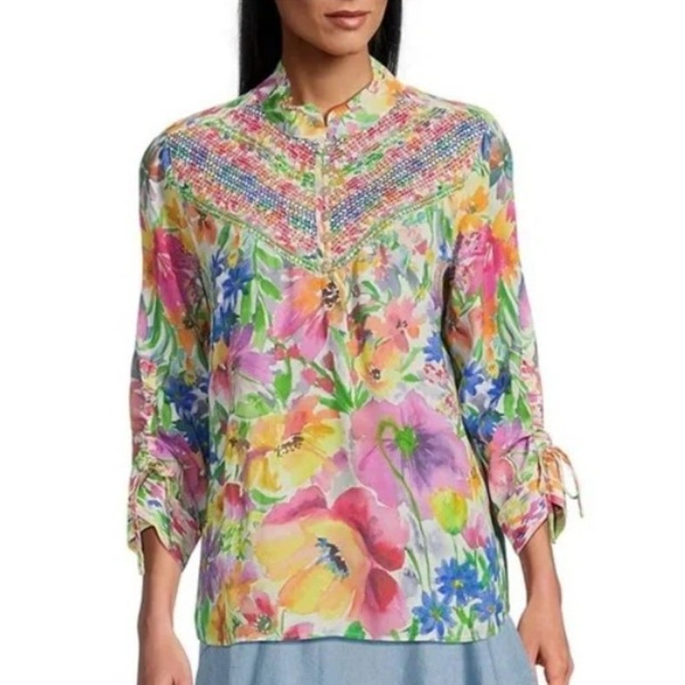 John‎ Mark Womens Large Spring Tim Pastel Floral Smocked Top NWT